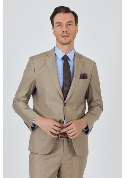 İmza Bej Mono Yaka Düz 2 Düğme Classic Yünlü Slim Fit Takım Elbise 1001250175 Bej