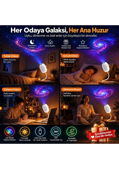 2'si 1 Arada Galaksi Projektör Gece Lambası 360 Esnek Boyunlu Usb Led Yıldız Projeksiyon, Ayarlanabilir Işık