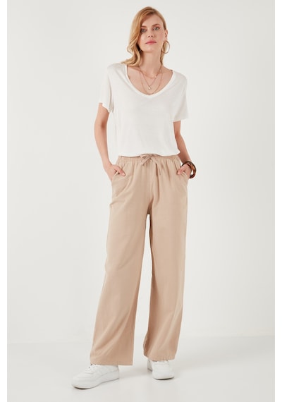 Lela Pamuklu Relaxed Fit Yüksek Bel Bol Paça Bayan Pantolon 668Yp5118 Camel