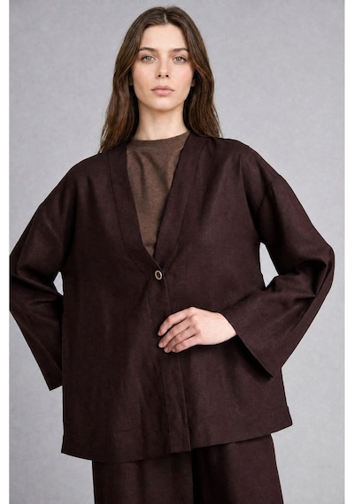 Defacto Regular Fıt V Yaka Keten Kimono H3219ax26aubn340 Kahve-bn340