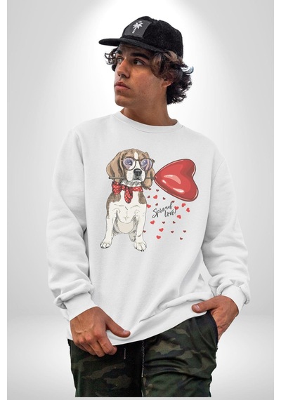 Poodle Ve Beagle Sevililer Günü Hediyesi Unisex Beyaz Baskılı Sweatshirt Beyaz