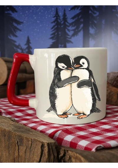 Penguen 3'lü Kırmızı Kulplu Seramik Kupa Bardak Kahve Bardağı Beyaz