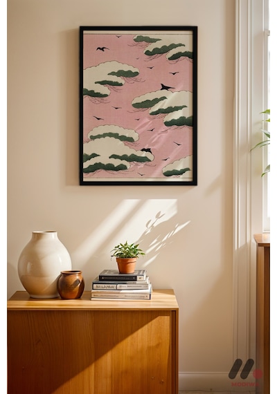 Pembe Bulut Ve Kuş Deseni, Siyah Çerçeveli Duvar Tablosu - Modern Ev Dekorasyonu
