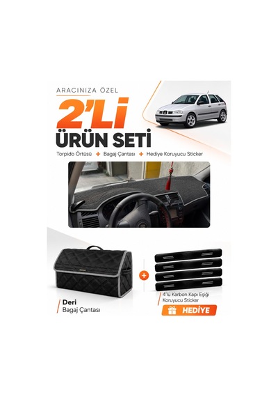 Seat Ibıza 1998-2001 Uyumlu Torpido Örtüsü + Deri Bagaj Çantası + Sticker Seti - Siyah Gri