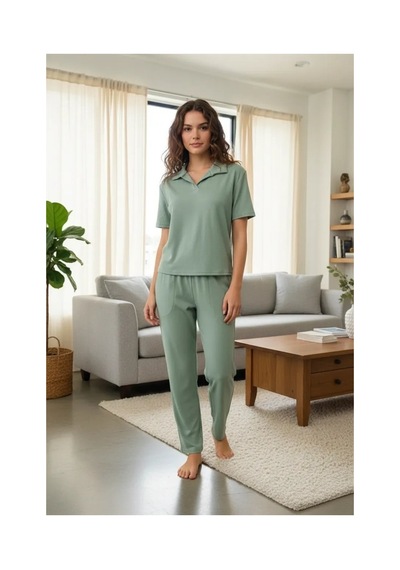 İkikareshop Özel Tasarım Kadın Yeşil Polo Yaka Pijama Takımı %100 Pamuk Çok Renkli