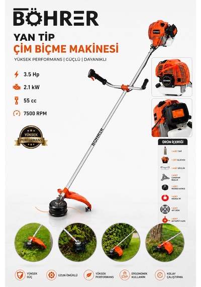 Böhrer Ba011341 55cc 3.5 Hp Benzinli Yan Tip Motorlu Tırpan Çim Biçme Makinesi Full Set Canavar Başlık Misina Kafa 40t Disk