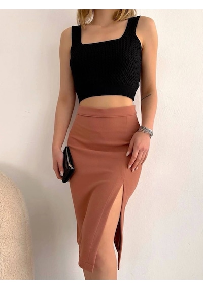 Byb Moda Tasarım Uzun Midi Boy Yırtmaçlı Etek Somon S24907 Somon