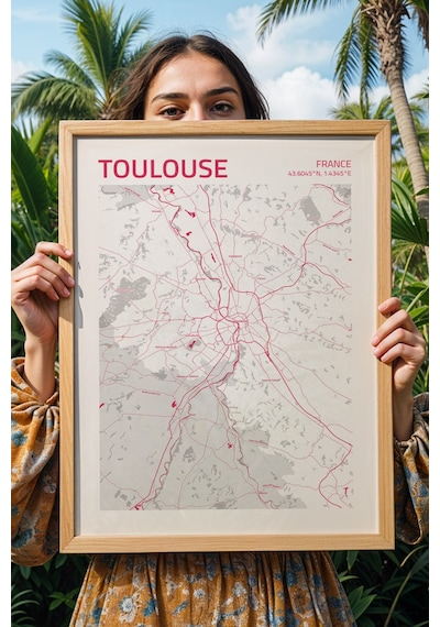 Tuzul Fransa Toulouse - France Haritası Çerçeveli Tablo Lüks Salon Ofis Duvar Dekorasyonu Tablo Kayın