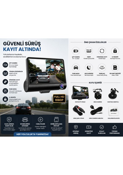 Full Hd 1080p Çift Kameralı Araç İçi Dvr Kayıt Kamerası G-sensör Gece Görüş Park Modu