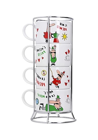 İstiflenebilir Cappuccino Fincan Seti, 4'lü Porselen Açık Ahşap