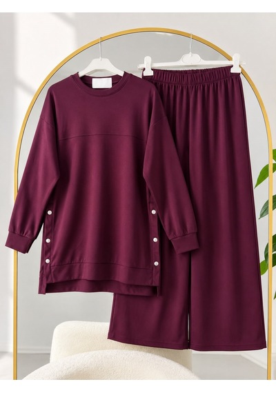 Lovie Moda Kadın Tesettür Yanı Çıtçıtlı Basic Takım Bordo