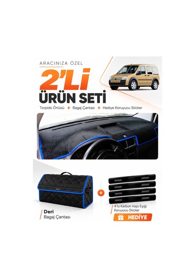 Ford Connect 2002-2008 Uyumlu Torpido Örtüsü + Deri Bagaj Çantası + Sticker Seti - Siyah Mavi
