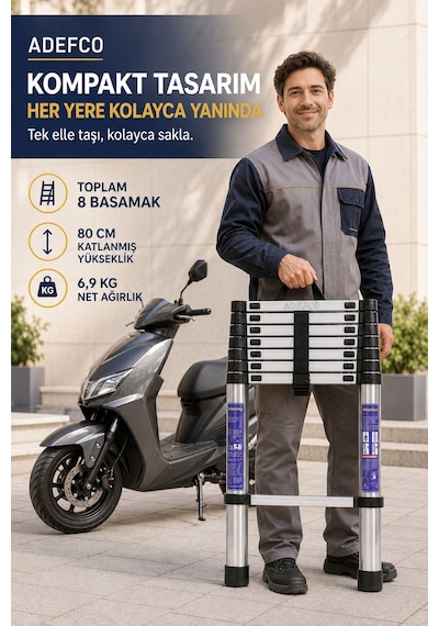 8 Basamak Paslanmaz Çelik Teleskopik Merdiven 3.1 Metre Katlanabilir Uzayan Merdiven -