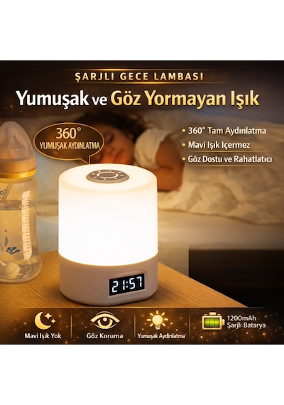 Polham 1200mah Şarjlı Saatli Dokunmatik Led Masa Lambası, 3 Işık Modlu, Parlaklık Ayarlı Gece Lambası Beyaz