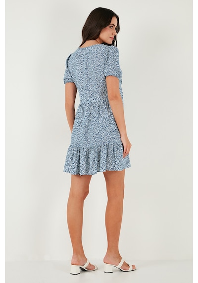 Lela Regular Fit V Yaka Balon Kol Desenli Mini Bayan Elbise 67810045 Indigo