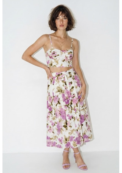 Kadın Çiçek Desenli Crop Bluz Ve Düğme Detaylı Midi Etek Takım 7697 60286365 - Ekru-mor