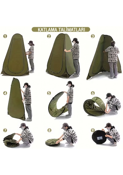 Otomatik Açılır İki Pencereli Katlanabilir Kamp Duş, Tuvalet Ve Giyinme Çadırı - 120x120x190 Cm Haki