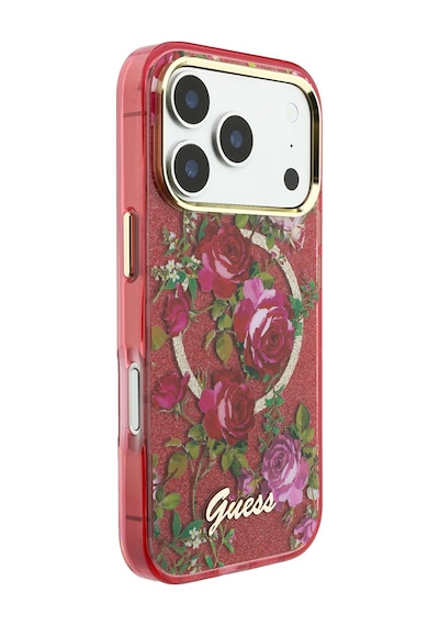 Apple iPhone Uyumlu 18 Pro Kılıf Guess Lisanslı M-safe Şarj Özellikli Gül Desenli Simli Yazı Logolu Kapak Bordo