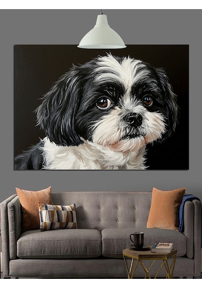 Shih Tzu Köpeği Siyah Beyaz Dekoratif Kanvas - Mdf Ahşap Tablo