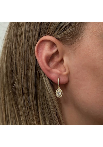 Gümüş Gold Oval Taşlı Sallantılı Küpe