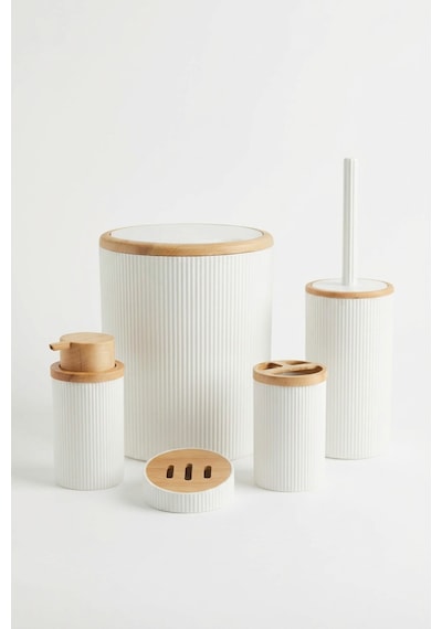 Makri Home Beyaz Bambu Desenli 5 Parça Banyo Seti, Şık Tasarımlı, Hacim: 6 Litre Ahşap - Beyaz