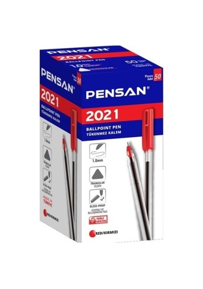 Tükenmez Kalem 2021 Üçgen Gövdeli Şeffaf Kırmızı 50'li Çok Renkli