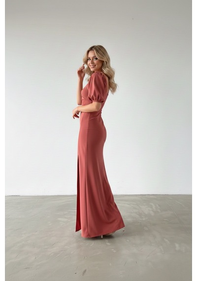 Defymoda Kadın Yırtmaçlı Şık Tasarım Krep Elbise Pembe