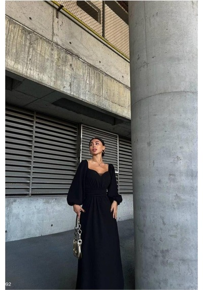 Lior Design Kadın Bohem Saten Kumaş Kare Yaka Maxi Abiye Elbise Siyah