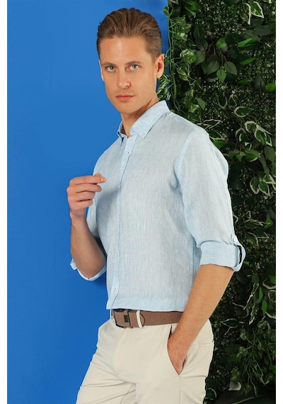 Efor Comfort Fit Düğmeli Yaka %100 Keten Apoletli Casual Mavi Gömlek G 1564 Mavi