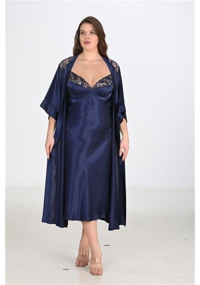 Modenya Premium Büyük Beden Saten Dantel İşlemeli Lacivert Uzun 2'li Gecelik Sabahlık Takımı Bigsize 3xl Modenya Premium Büyük Beden Saten Dantel İşlemeli Lacivert Uzun 2'li Gecelik Sabahlık Takımı Bigsize 3xl