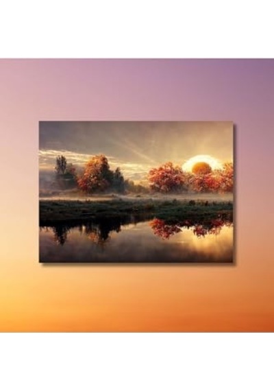 Yatay Kanvas Tablo Gün Batımı Göl Ve Sonbahar Manzarası 70 X 50 Gartnm8519 -
