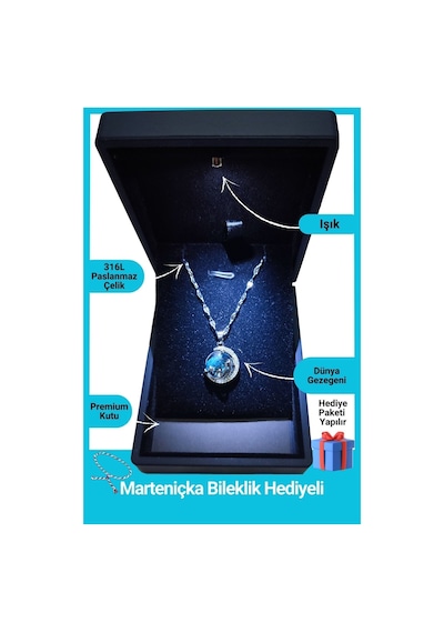 Işıklı Premium Kutuda | Gökyüzü - Gezegen Kolye | 14 Şubat Sevgililer Günü Hediyesi | Kadın