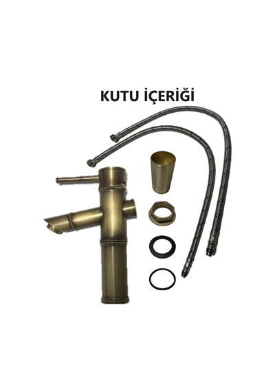 Rena Design Bambu Model Rustik Antik Lavabo Bataryası Banyo Musluğu Eskitme Lavabo Armatür Otantik Bakır Görünüm