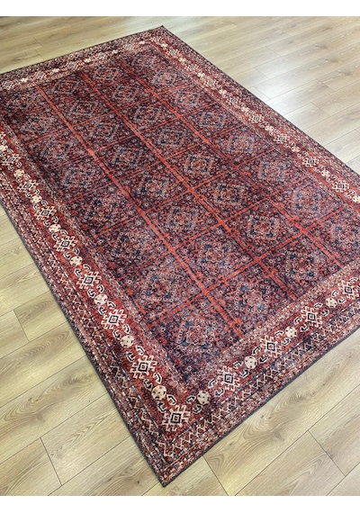 Çam Halı Anatolia 32-059 Etnik Afgan Halısı Desenli Dokuma Tabanlı Yıkanabilir Şönil Salon Ve Oda Halısı Kırmızı - Bordo