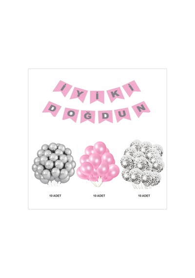 Metalik Pembe-şeffaf-gümüş Balon+banner Seti