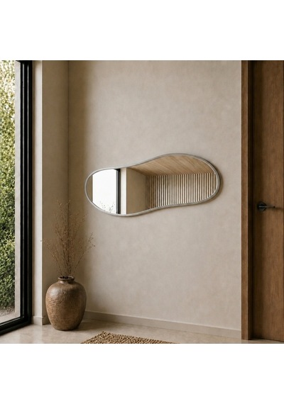 Modern Organik Form Banyo Aynası 40x120 Cm Asimetrik Minimalist Dekoratif Duvar Aynası Gümüş