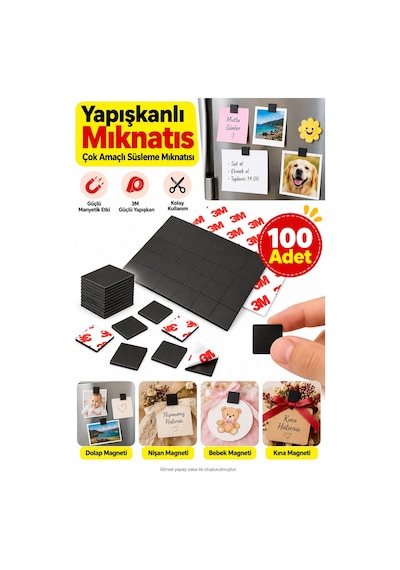 100 Adet Yapışkanlı Kare Mıknatıs Magnet 3m Bantlı Nişan Bebek Kına Dolap Süsleme Magneti