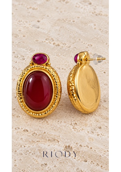 Riody Rubis Velours Gold Renkli Bordo Fuşya Oval Taş Görünümlü Çelik Kadın Küpe
