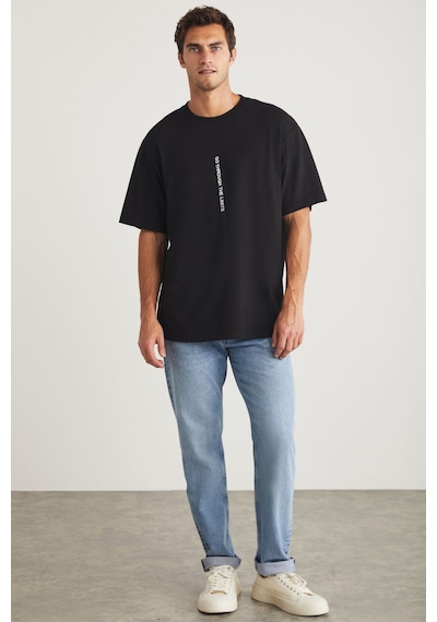 Grimelange Harald Erkek Bisiklet Yaka %100 Pamuk Baskı Detaylı Siyah T-shirt