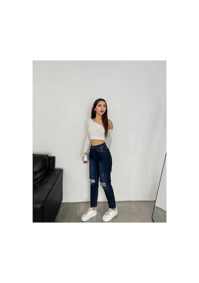 Kene Jeans Yüksek Bel Lacivert Çift Diz Lazer Yırtık Mom Jeans Lacivert