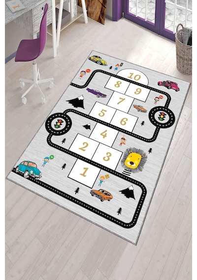 Gri Kaymaz Tabanlı Yıkanır Yollu Seksekli Çocuk Halısı Ar154 100 X 200 Cm Çok Renkli