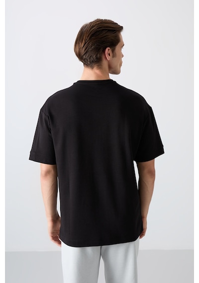 Tommy Life Siyah Pamuklu Kalın Yumuşak Dokulu Oversize Fit Baskılı Erkek T-shirt - 88322 001
