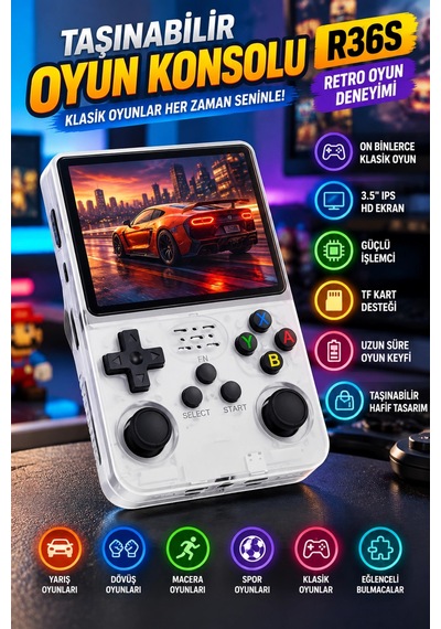 R36s Beyaz Retro El Oyun Konsolu 3.5 Inç Ips Ekran 64gb Retro Oyun Konsolu