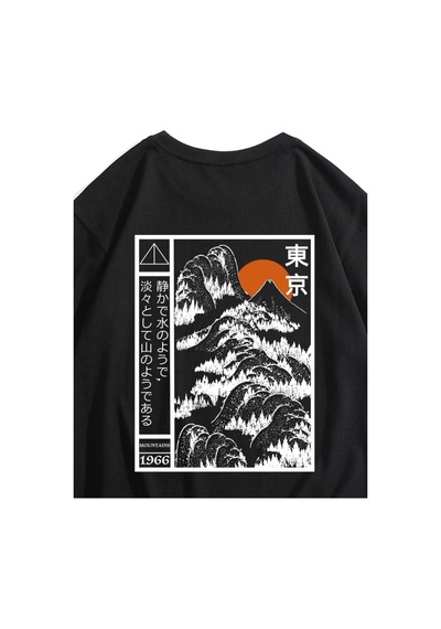 Erkek Siyah Oversize Dağ Japan Baskılı T-shirt Siyah