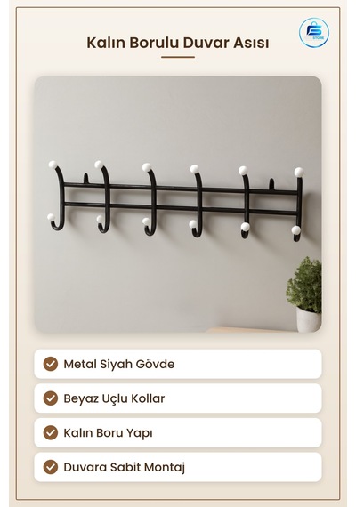 Duvar Askısı Kalın Borulu Metal Siyah Beyaz Antre Hol Giysi Kaban Çok Renkli