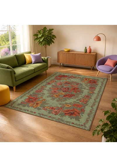 Kartela Halı Karabağ Halı Jüt Taban Dokuma Halı Adaçayı Yeşili - 200 X 300 Cm