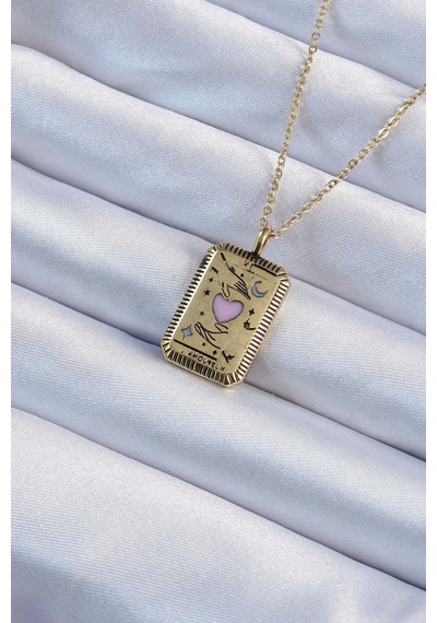 316l Çelik Zincir Eskitme Renk Pembe Mineli Kalp Figürlü Tarot Kolye Diğer