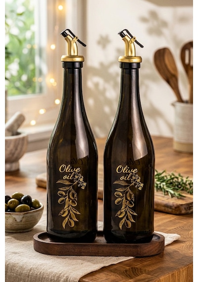 Snippy Poura - Ahşap Standlı 2'li Yağdanlık Zeytinyağı Sıvı Yağ Sirke Şişesi Yağdanlık Seti 750 ml