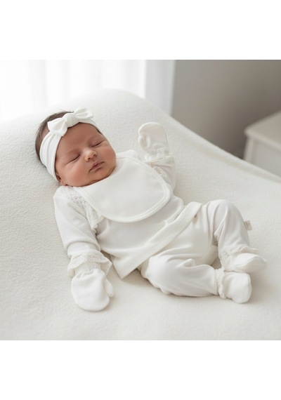 Ürünya Kız Bebek Pamuklu Uzun Kollu İşlemeli 5'li Set Beyaz
