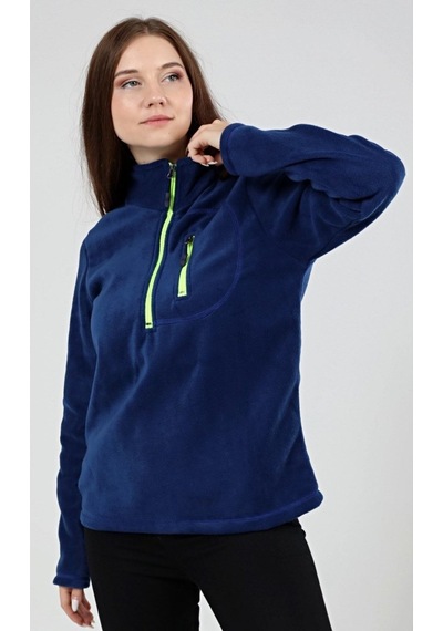 Genius Store Kadın Polar Yarım Fermuarlı Outdoor Cepli Spor Polar İndigo